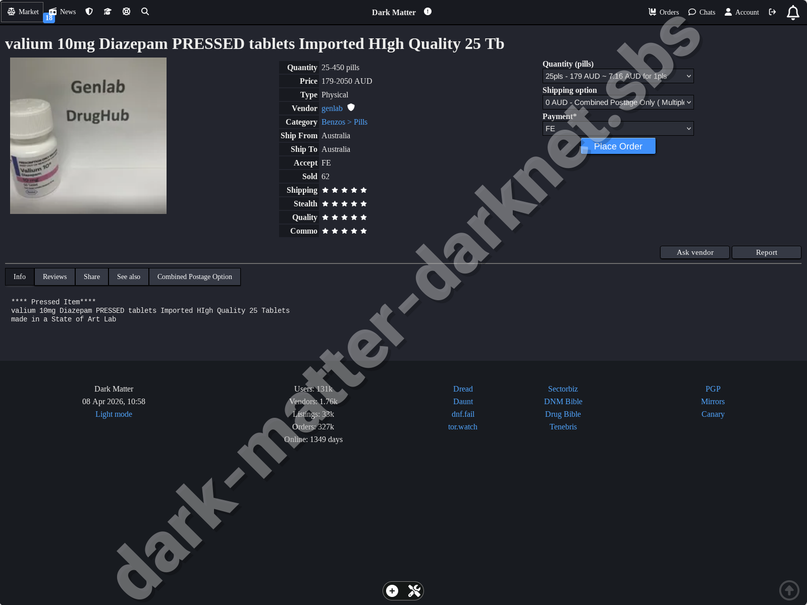 Detailed product listing example from Dark Matter Darknet Market accessed via Dark Matter Market Link