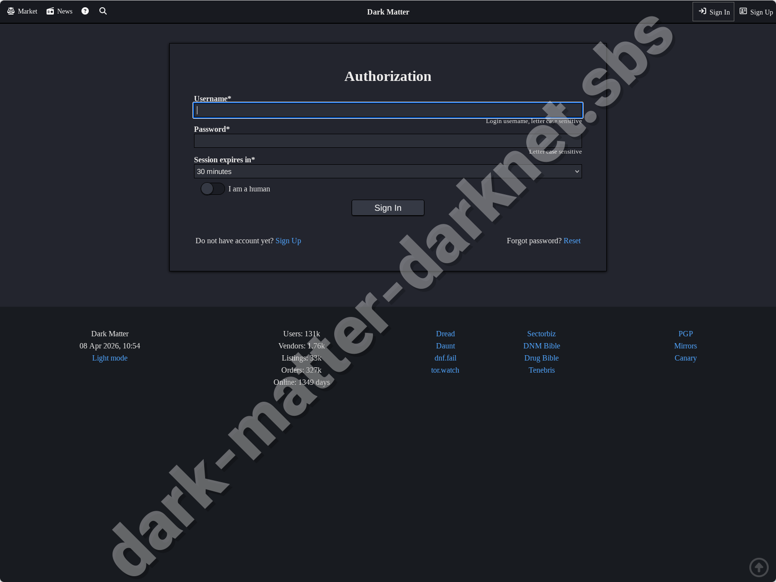Dark Matter Market login form for official Dark Matter Market Link access